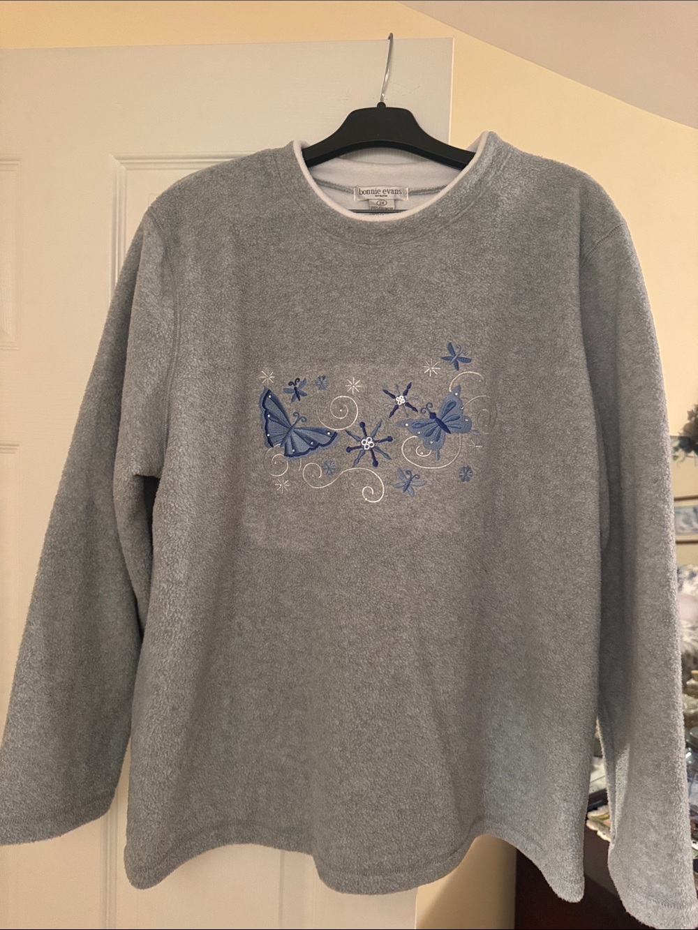 Crane & Co. Gray Crewneck Sweater with Blue Butterfly Embroidery